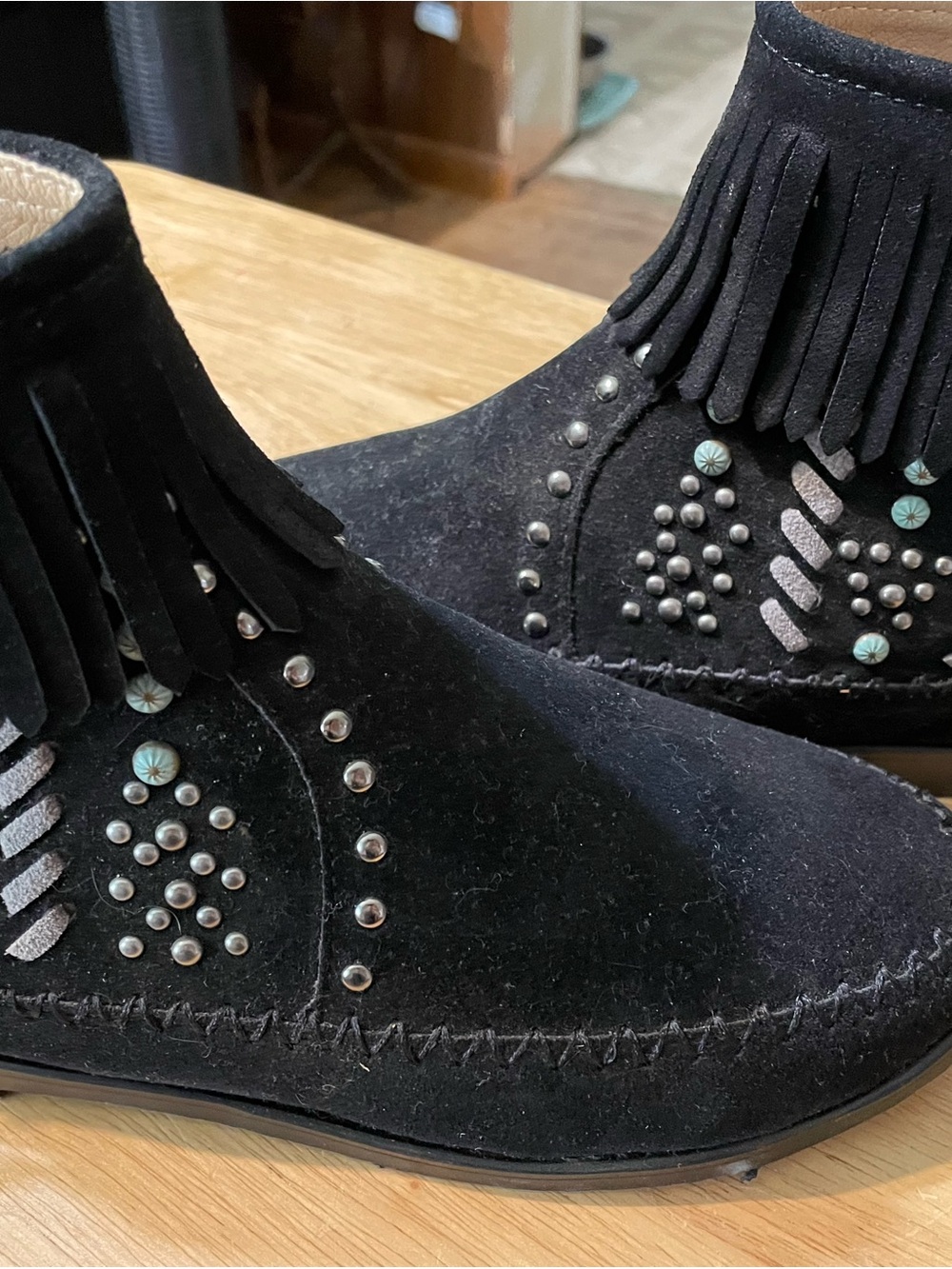 Montana West Black Suede Fringe Moccasins with Stud and Turquoise Accents
